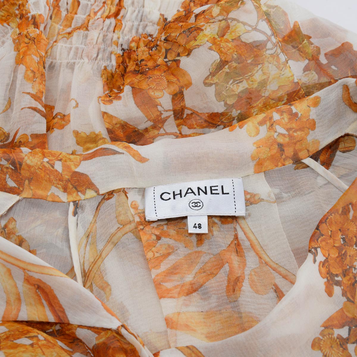 Chanel Cream Floral Silk Chiffon Shirred Waist Blouse FR 46