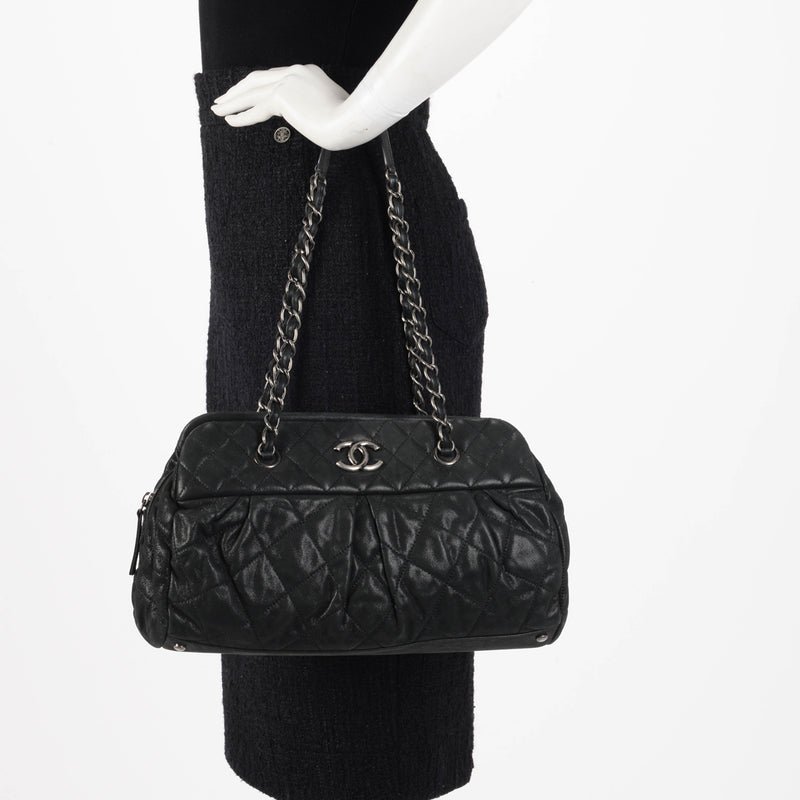 Chanel Black Iridescent Calfskin Chic Quilt Bowling Bag - Blue Spinach