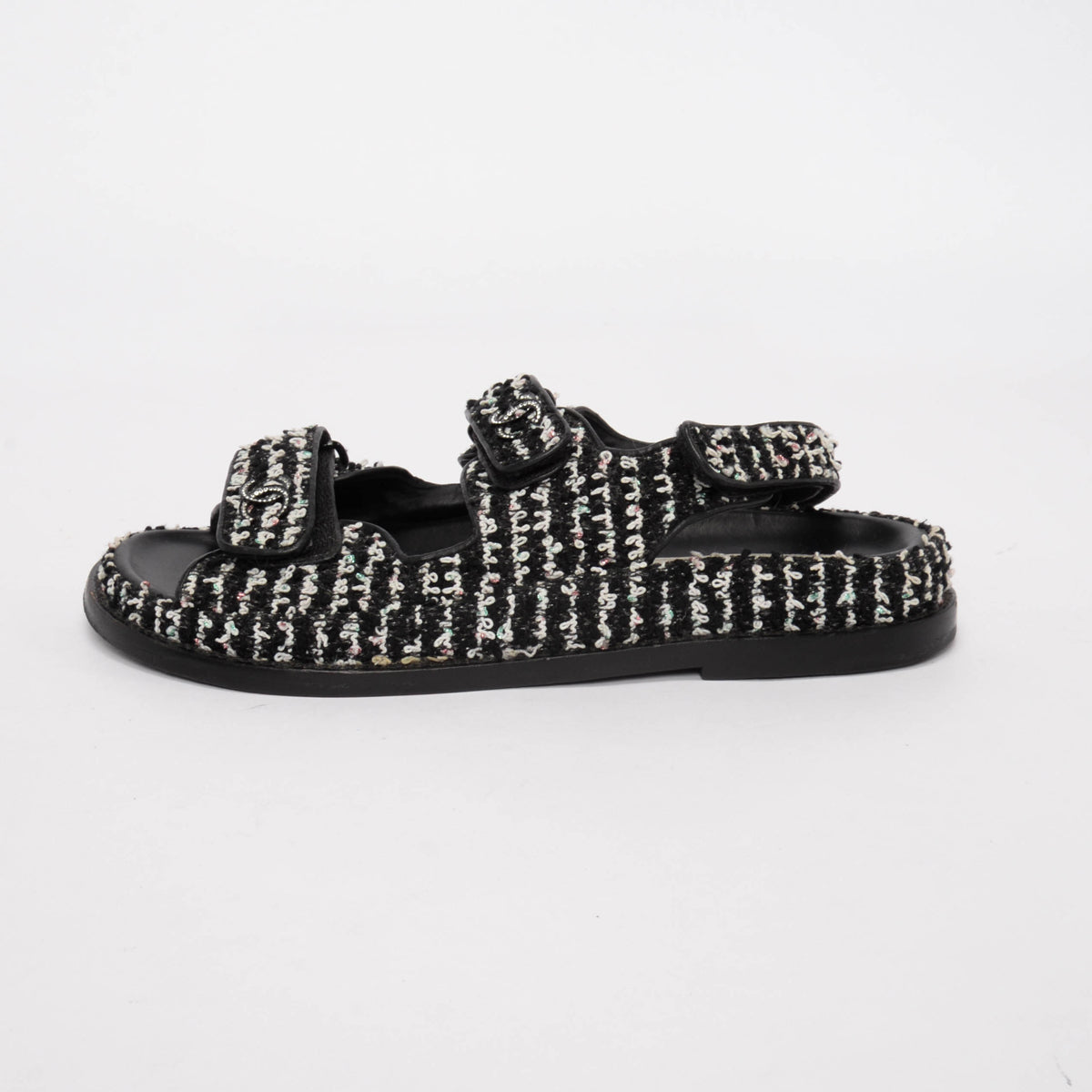 Chanel Black & White Tweed Crystal CC Dad Sandals 38.5