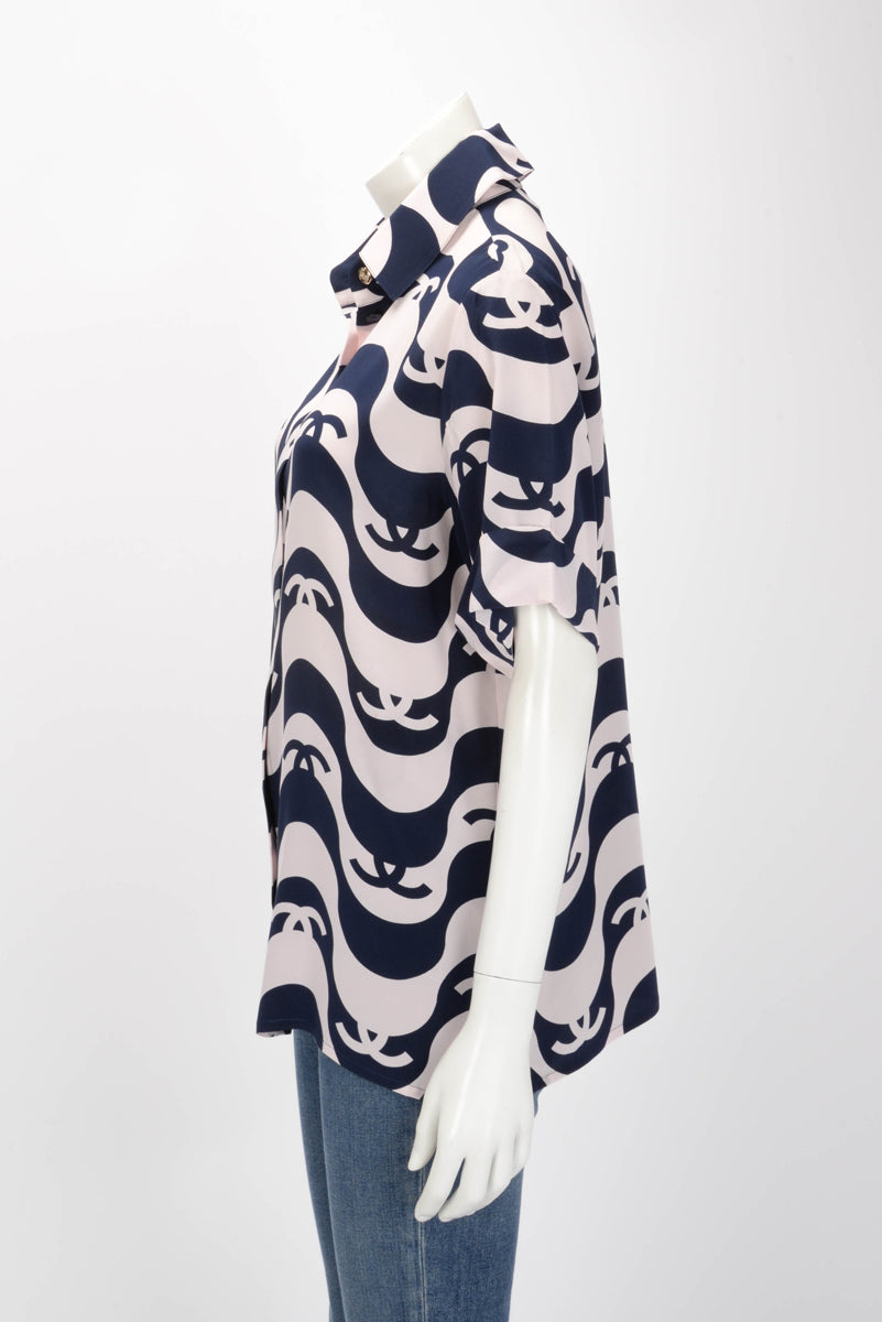 Chanel Pink & Navy Silk CC Wave Print Shirt FR 38