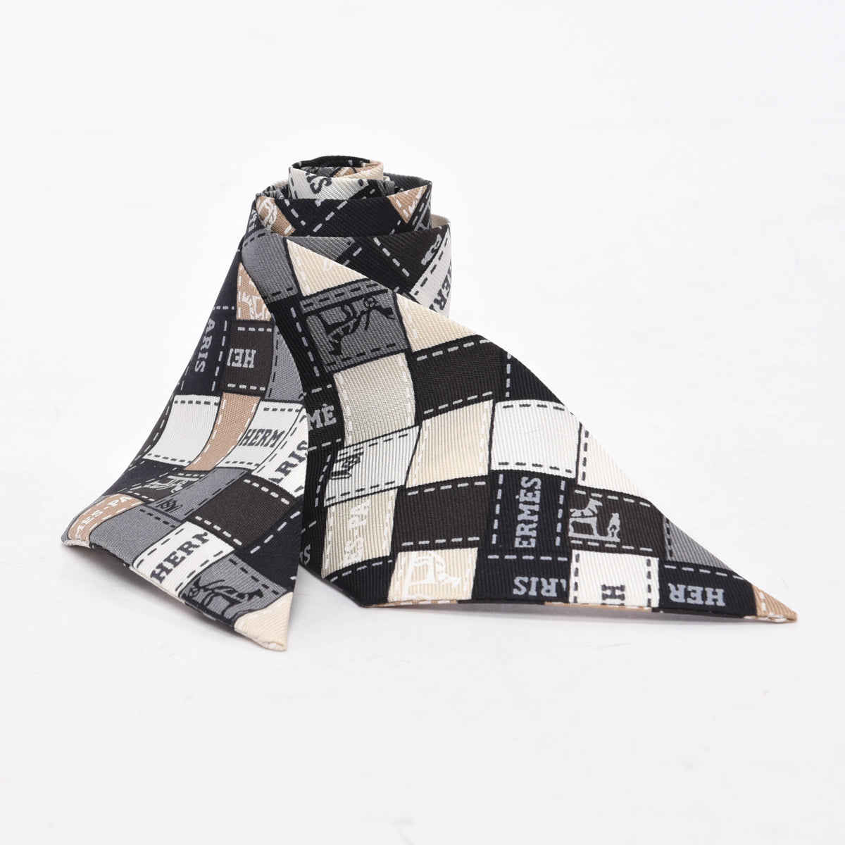 Hermes Black & Grey Silk Bolduc Au Carre Twilly