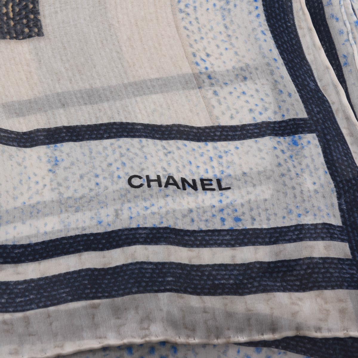 Chanel Cream & Blue Silk Chiffon CC Camellia Scarf