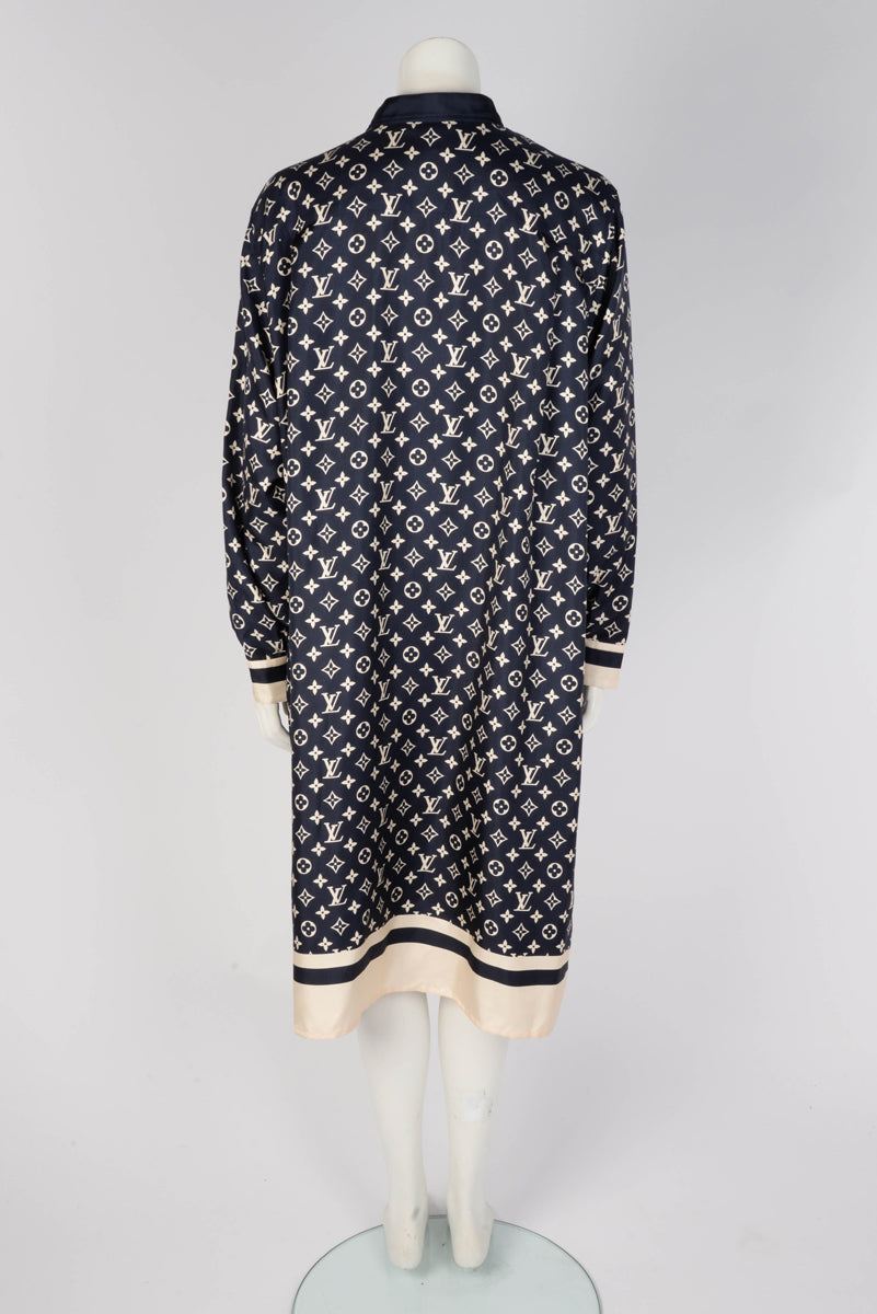 Louis Vuitton Indigo Silk Stripe Accent Monogram Shirt Dress FR 44