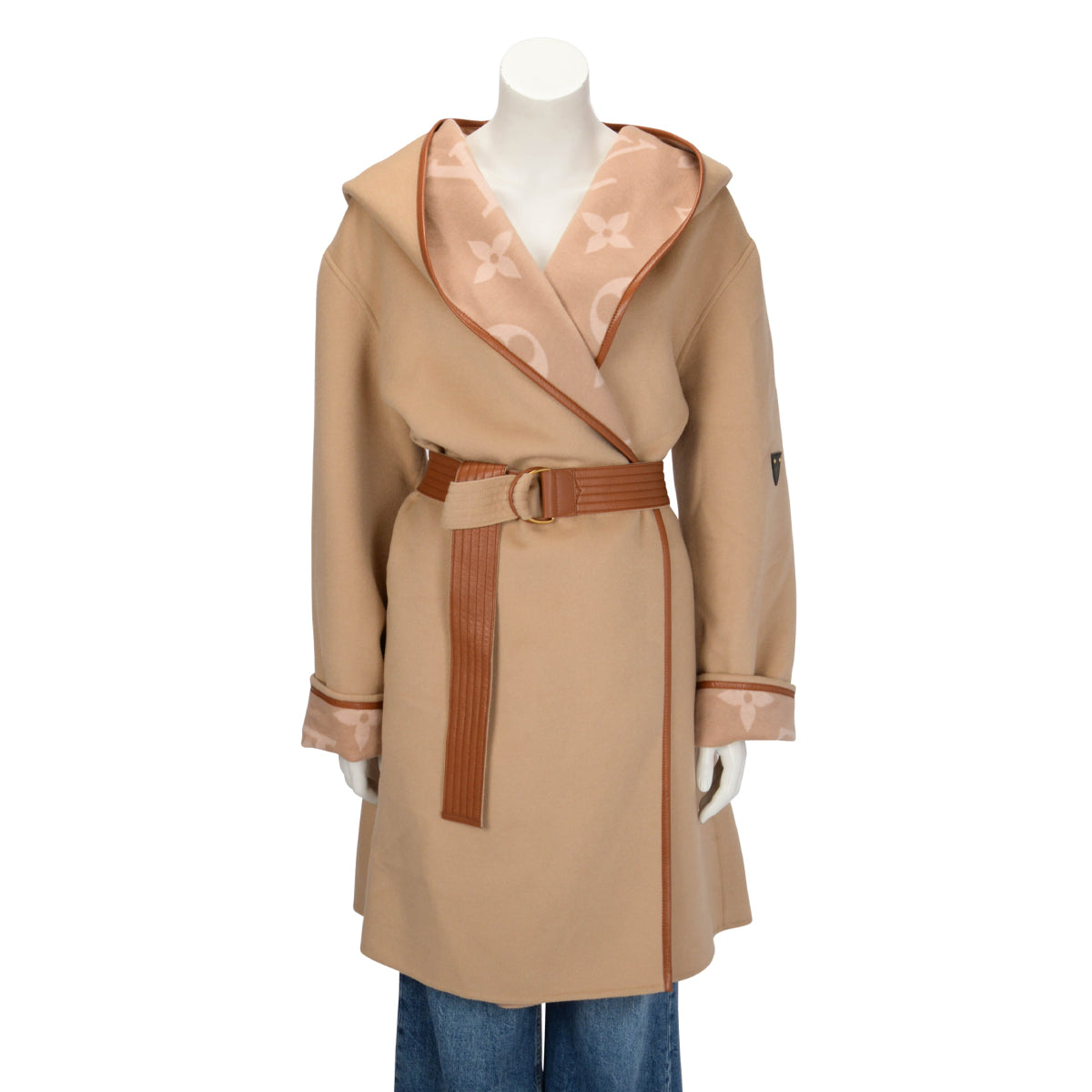 Louis Vuitton Beige Wool Belted Double Face Hooded Wrap Coat FR 46
