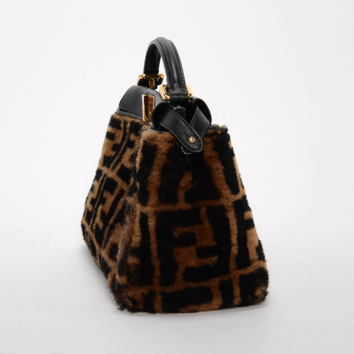 Fendi Tobacco & Black FF Shearling & Nappa Mini Peekaboo Bag