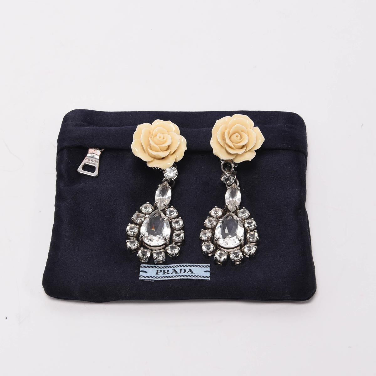 Prada Cream & Silver Crystal Rose Drop Clip Earrings