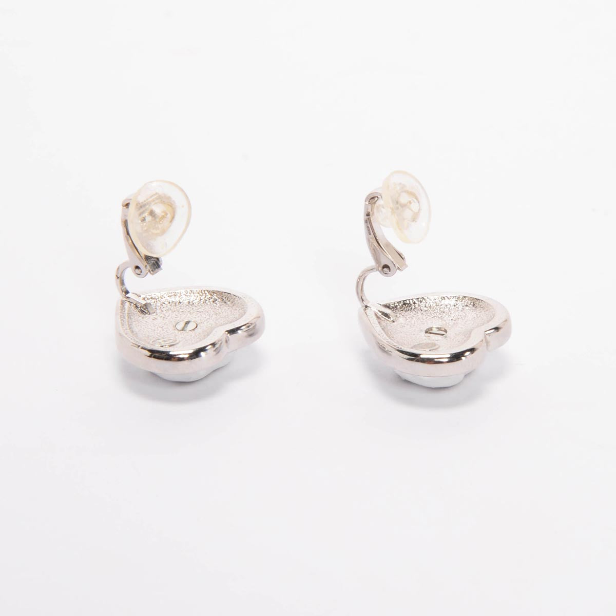 Chanel Silver Crystal & Pearl CC Heart Clip-On Earrings