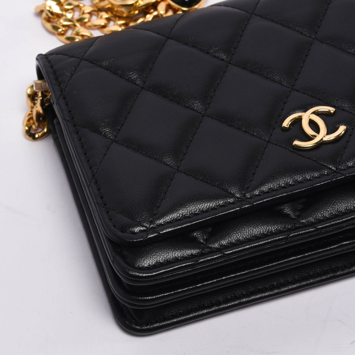 Chanel Black Quilted Lambskin CC Pearl Enamel Wallet on Chain