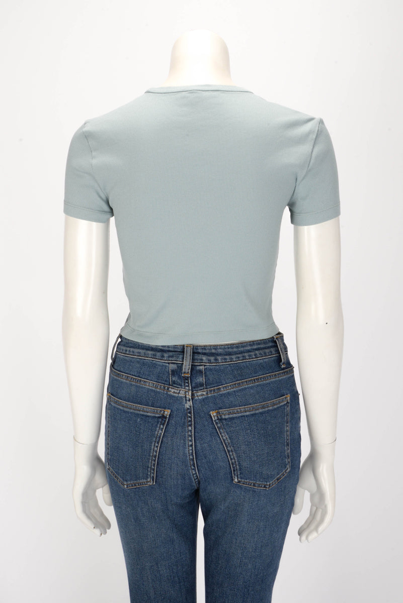 Fendi Blue Ribbed Cotton Logo Tee M