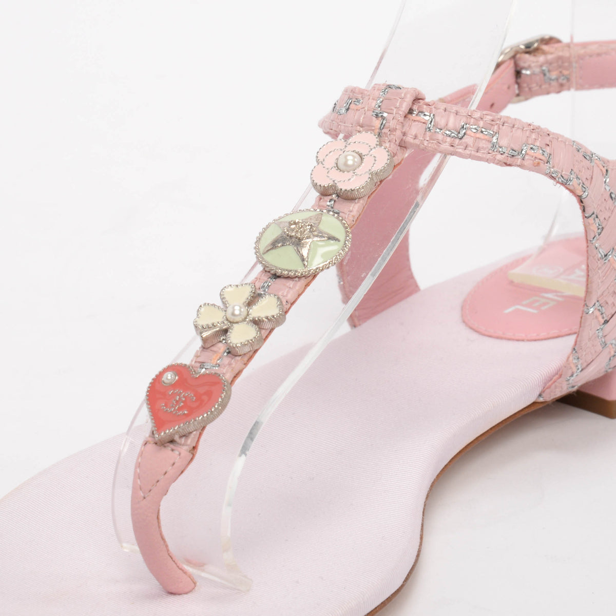 Chanel Pink Raffia CC Charms Thong Sandals 37