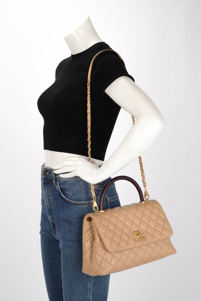 Chanel Beige & Burgundy Caviar & Lizard Medium Coco Handle Bag