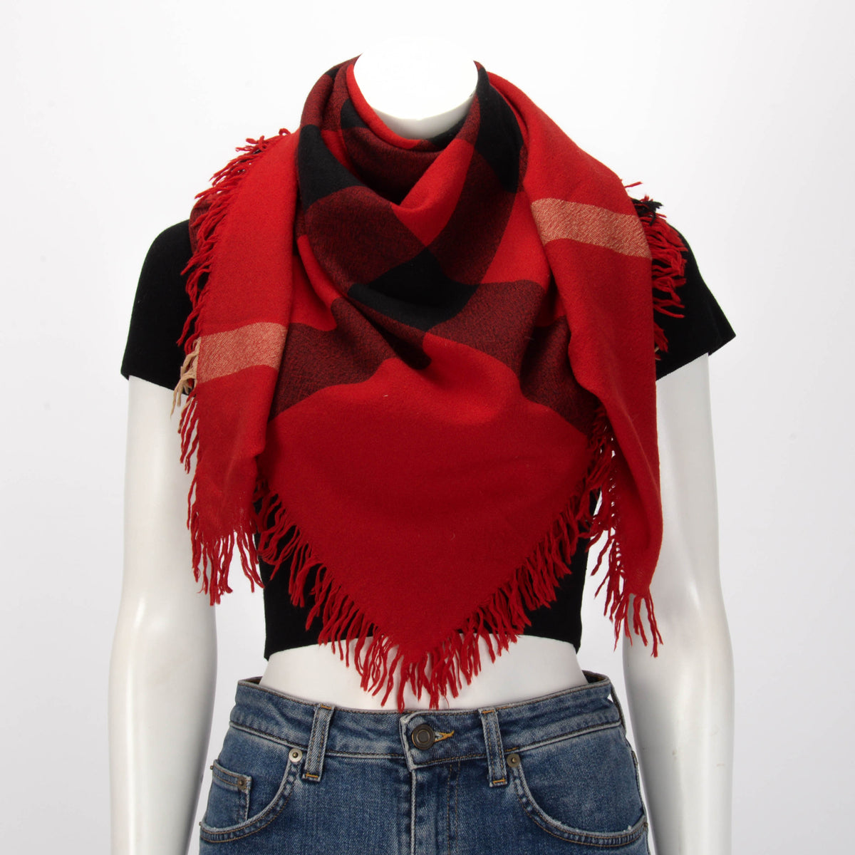 Burberry Red Wool Crepe Check Fringed Scarf