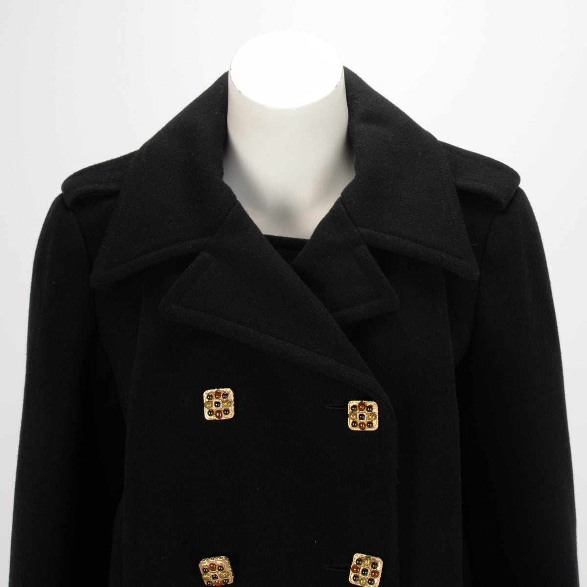 Chanel Black Wool Melton Gripoix Button Pea Coat FR 40