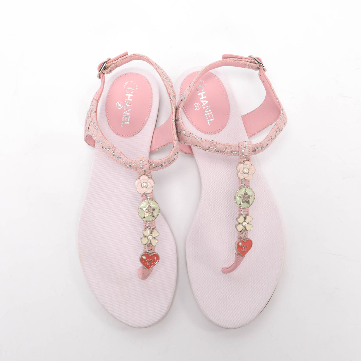 Chanel Pink Raffia CC Charms Thong Sandals 37