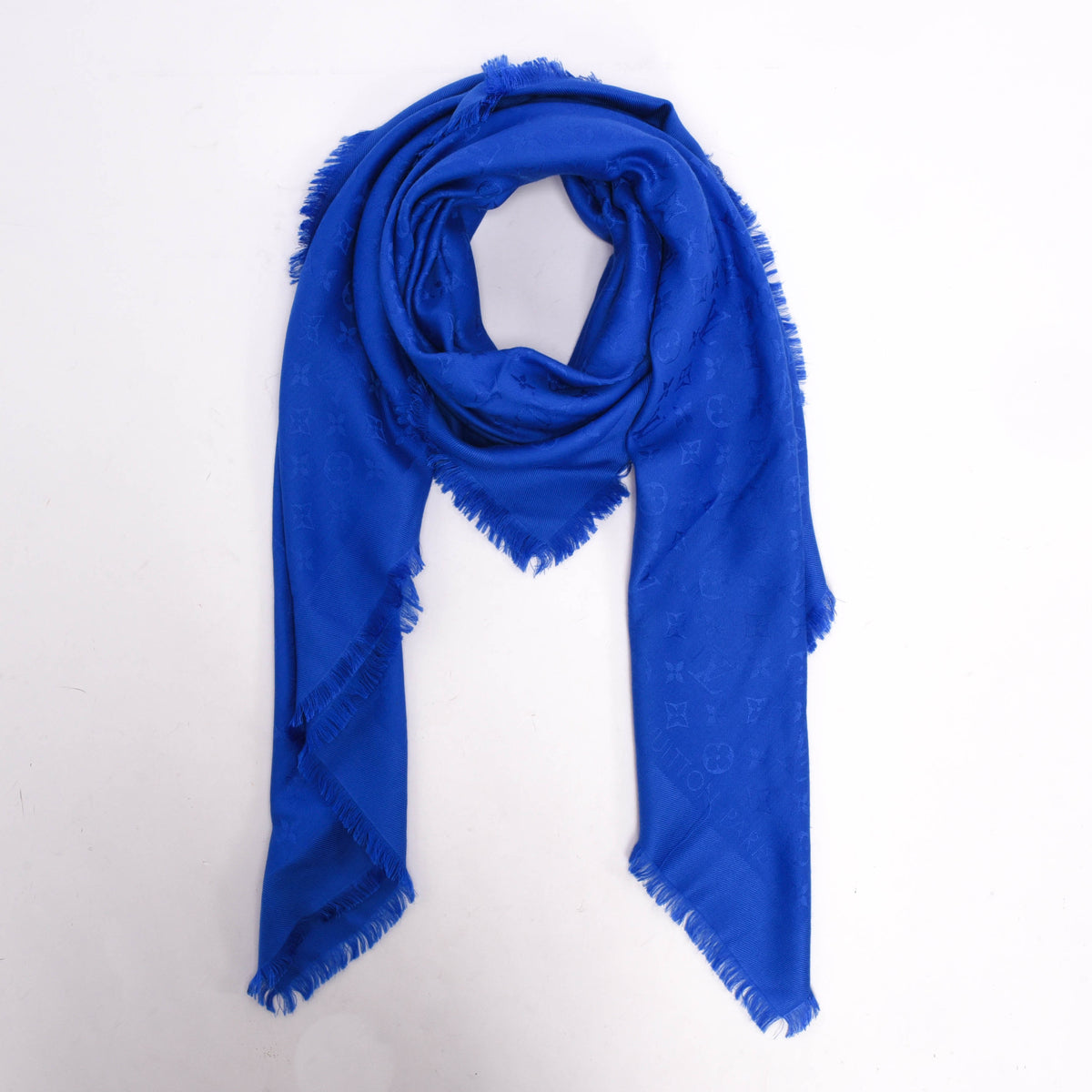Louis Vuitton Blue Silk & Wool Monogram Classic Fringed Shawl