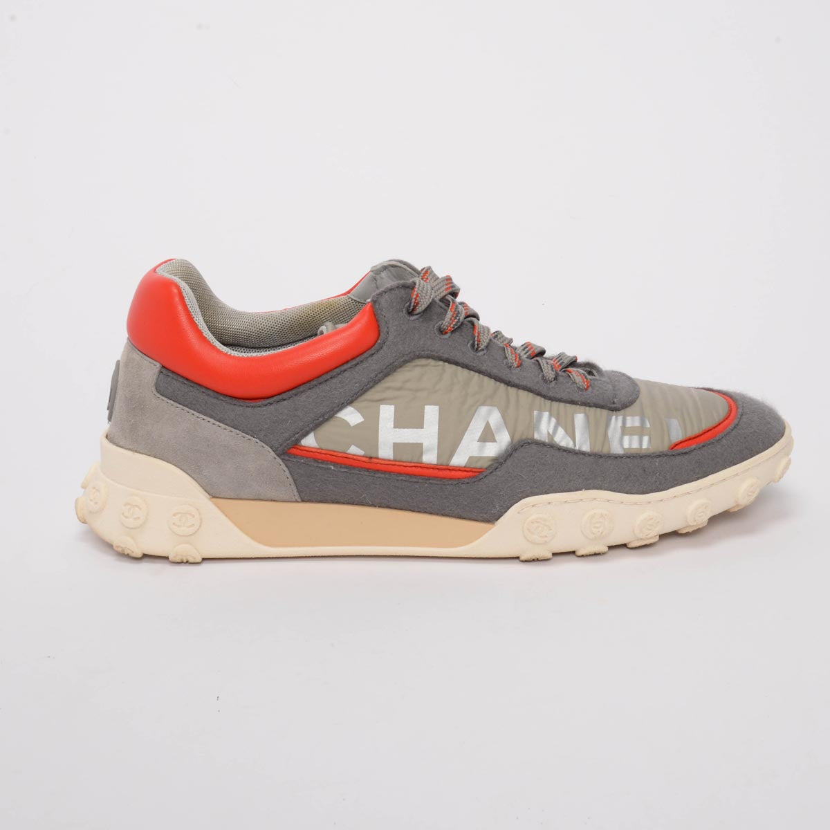 Chanel Grey & Orange Nylon Low Top Sneakers 42