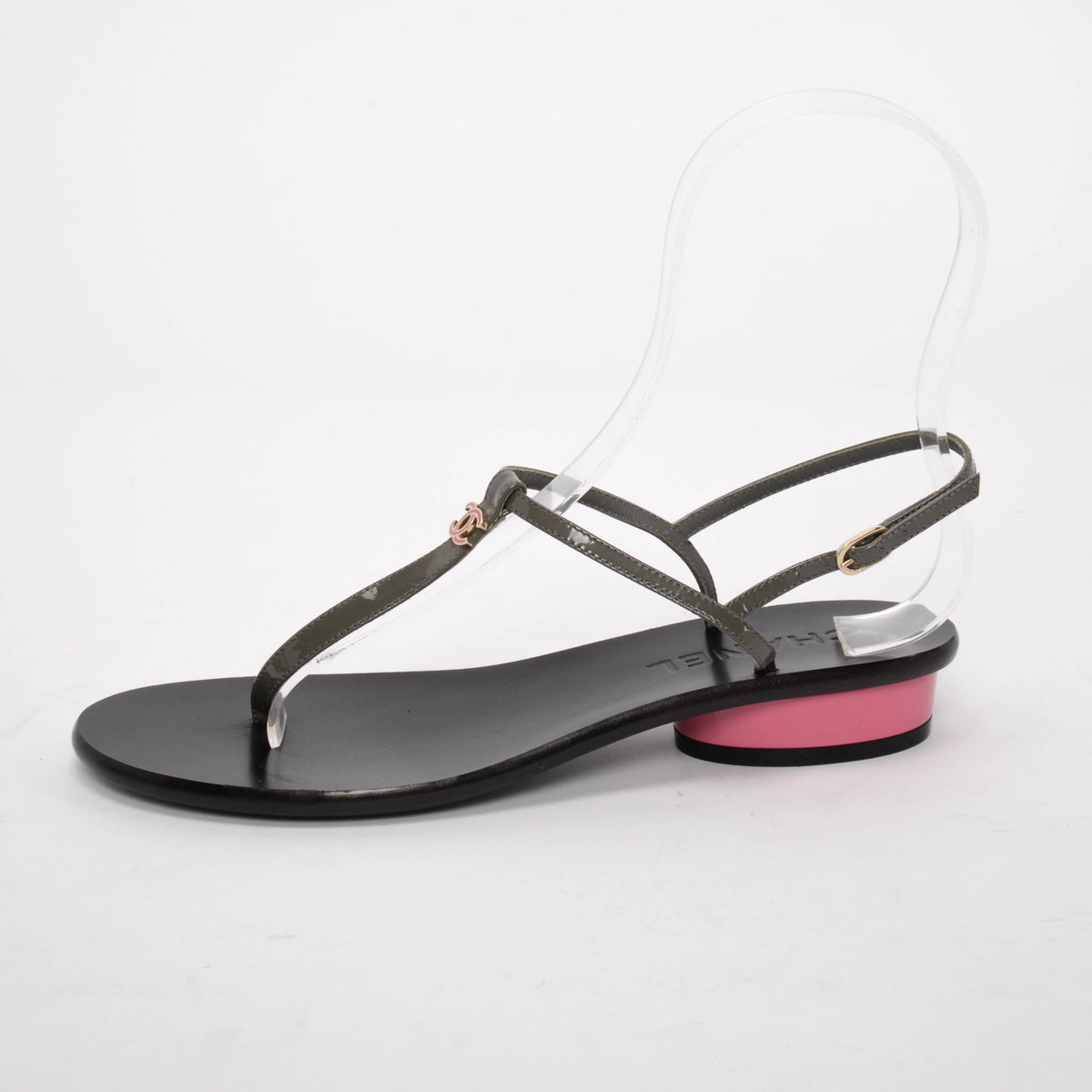 Chanel Khaki & Pink Patent CC Thong Sandals 37
