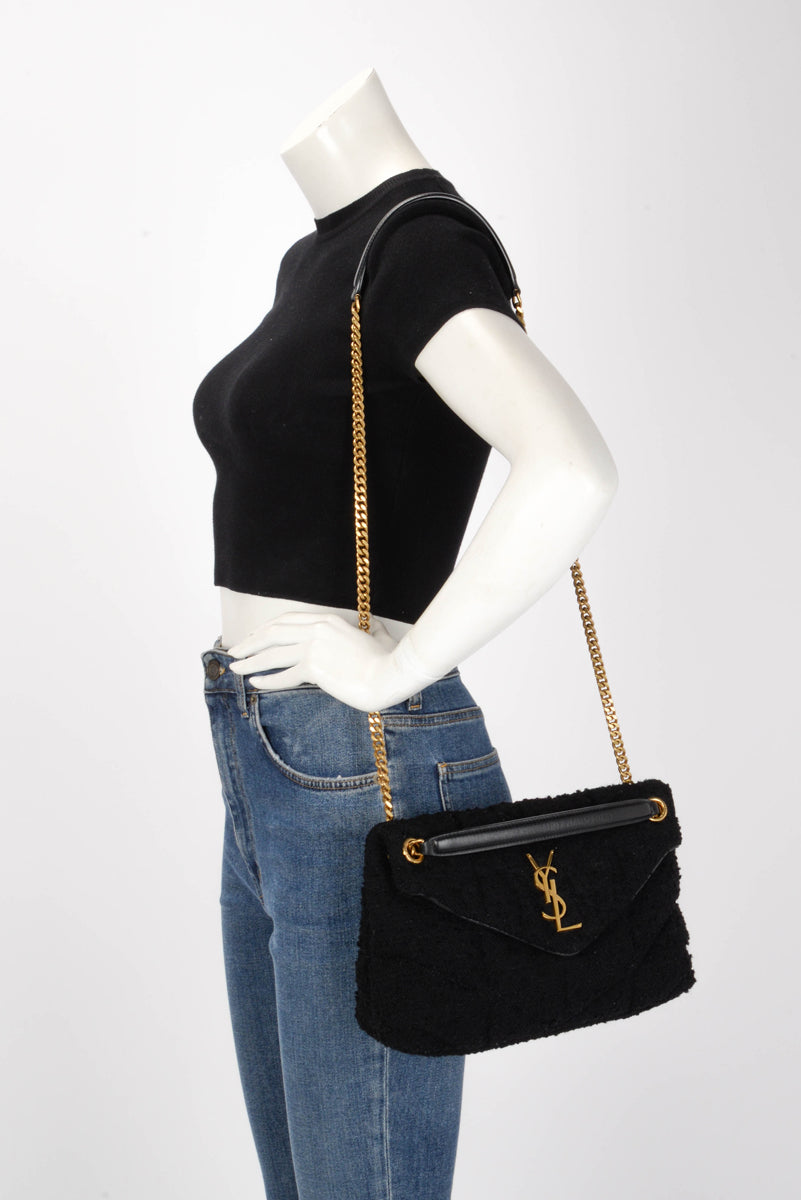 Saint Laurent Black Boucle Tweed Small Lou Lou Puffer Bag