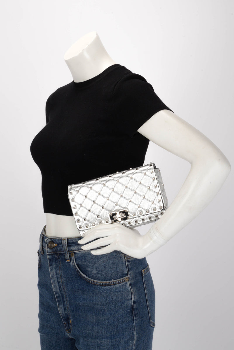 Valentino Silver Lambskin Rockstud Spike Wallet on Chain