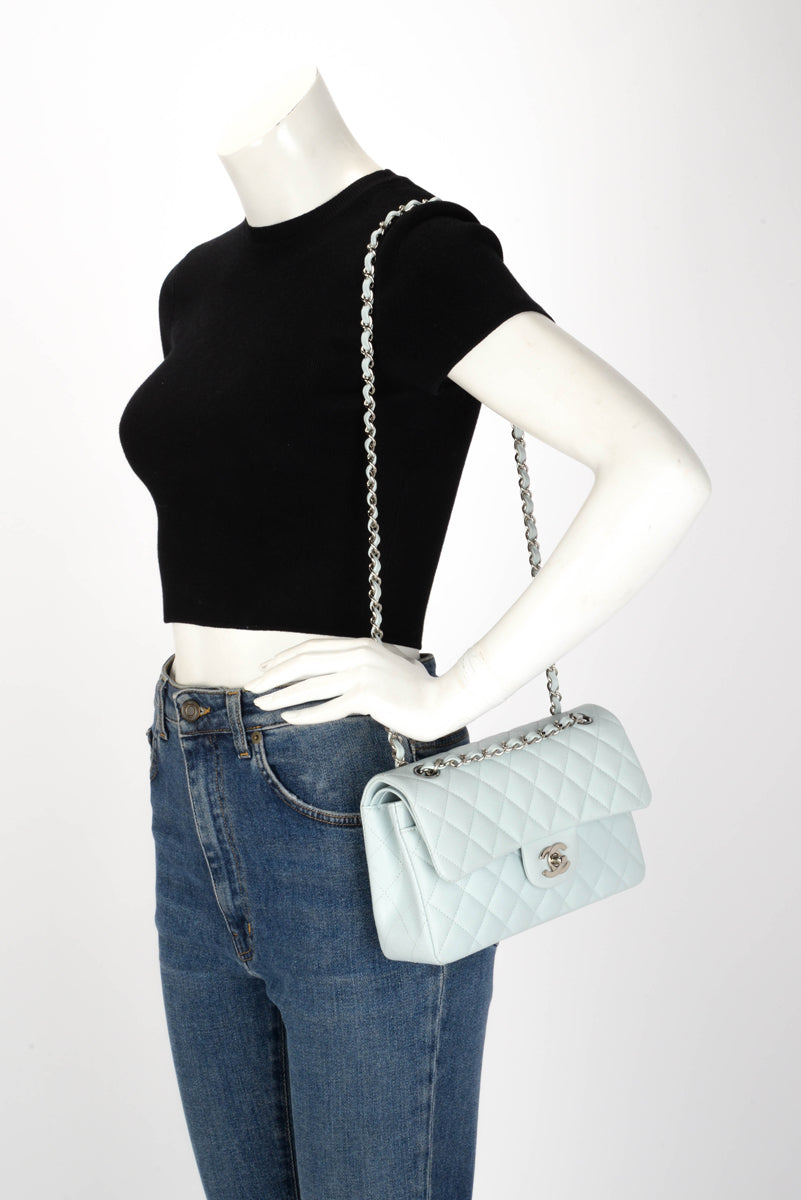 Chanel Light Blue Quilted Caviar Small Classic Flap Bag