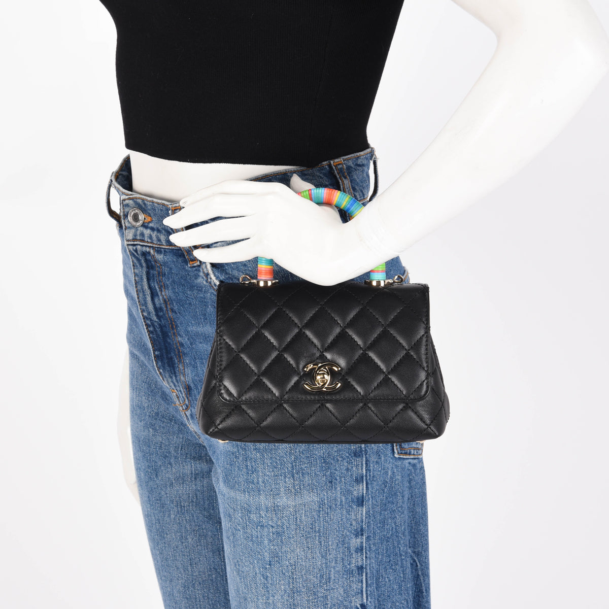 Chanel Black Goatskin Rainbow Extra Mini Coco Handle Bag