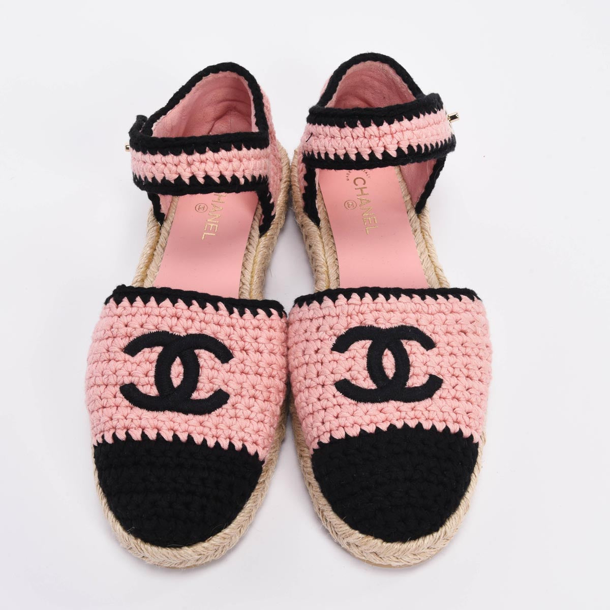 Chanel Pink & Black Crochet Knit CC Espadrilles 38.5
