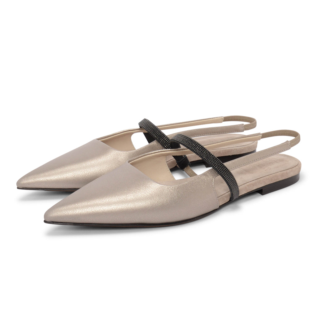 Brunello Cucinelli Pewter Leather Beaded Slingback Flats 37