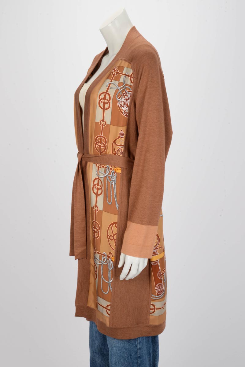Hermes Brown Silk & Cashmere Cliquetis Belted Cardigan FR 42