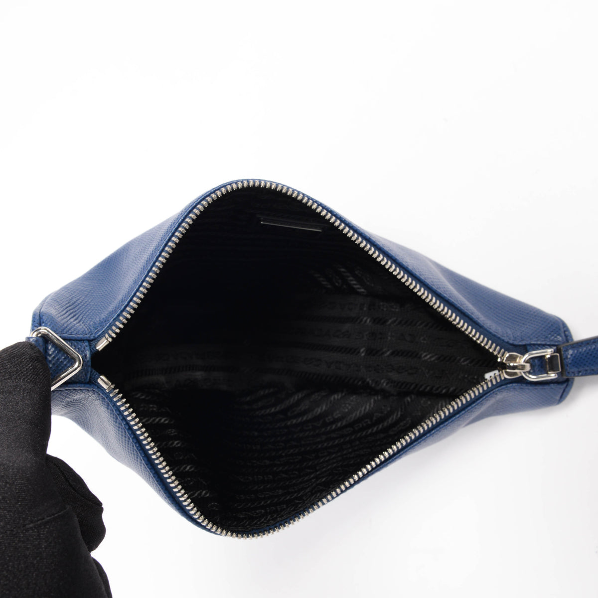 Prada Blue Saffiano Prada Triangle Wristlet