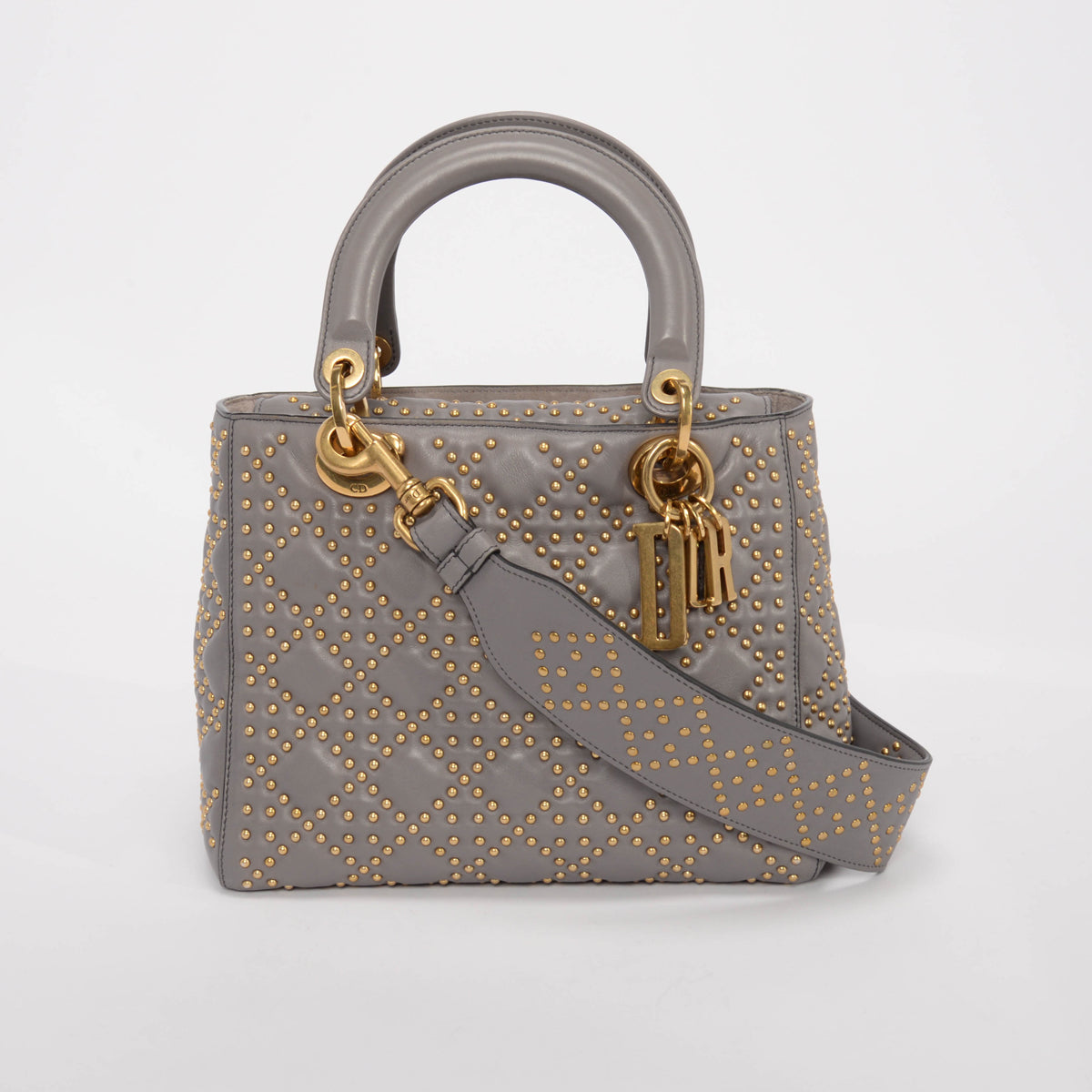 Dior Grey Studded Leather Medium Supple Lady Dior Bag
