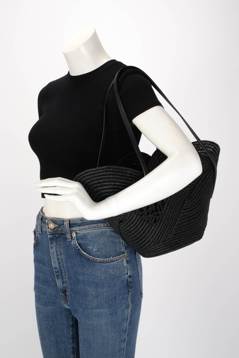 Loewe x Paula's Ibiza Black Raffia Petal Basket Tote