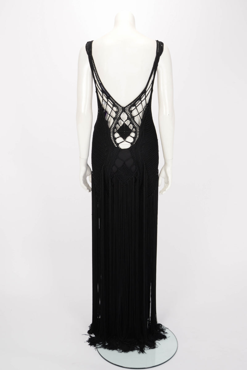 Ralph Lauren Black Crochet Fringed Evening Gown M