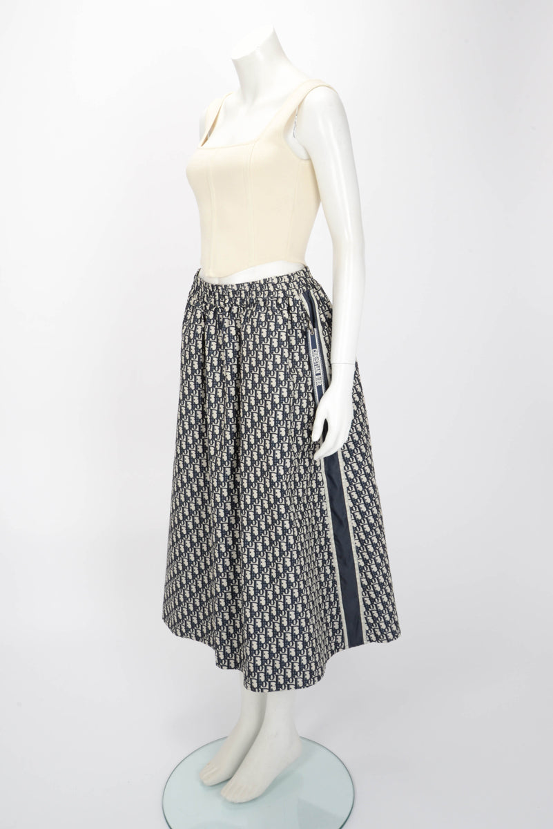 Dior Navy Technical Taffeta Oblique Logo Stripe Skirt FR 40
