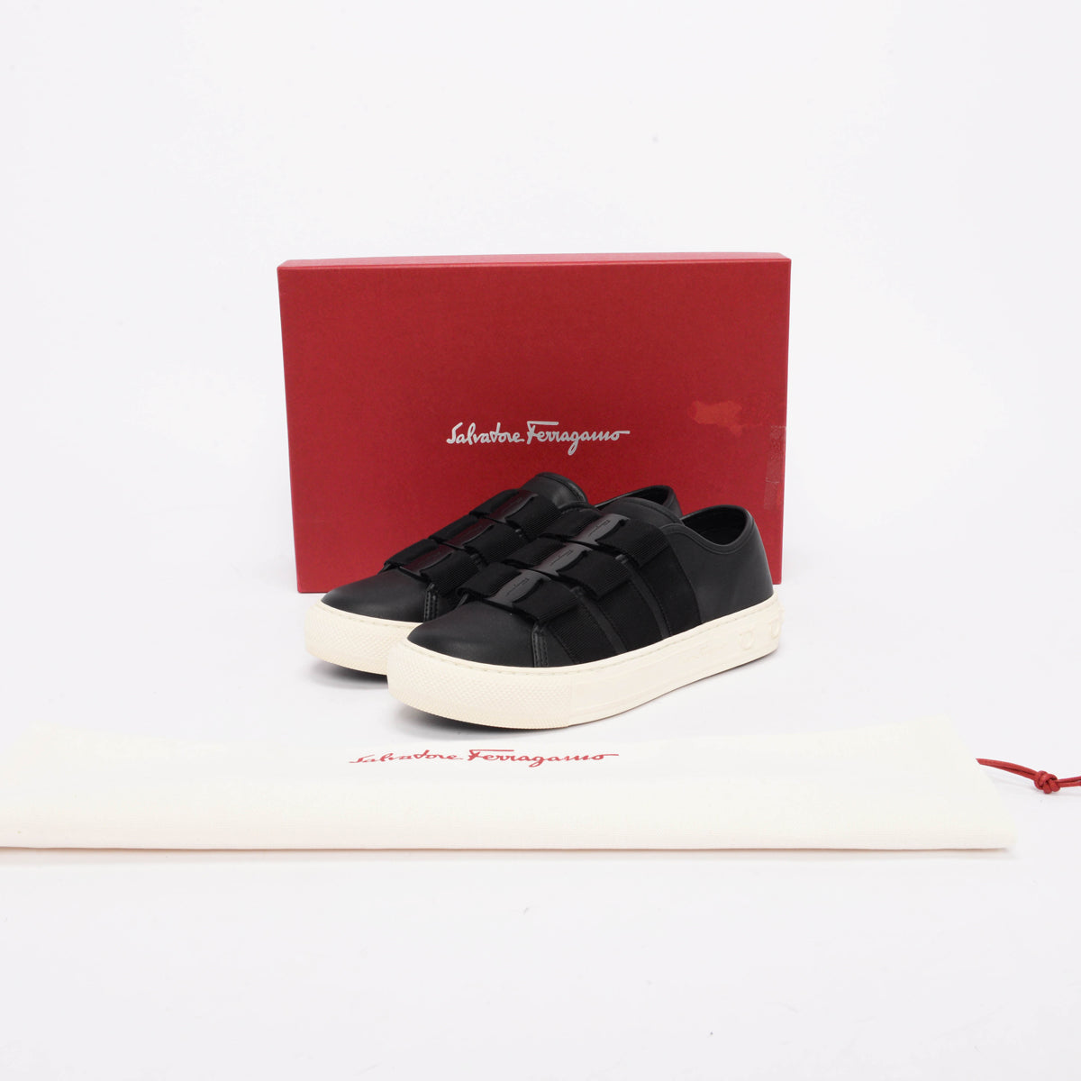 Ferragamo Black Calfskin Nataly Vara Bow Sneakers 6.5