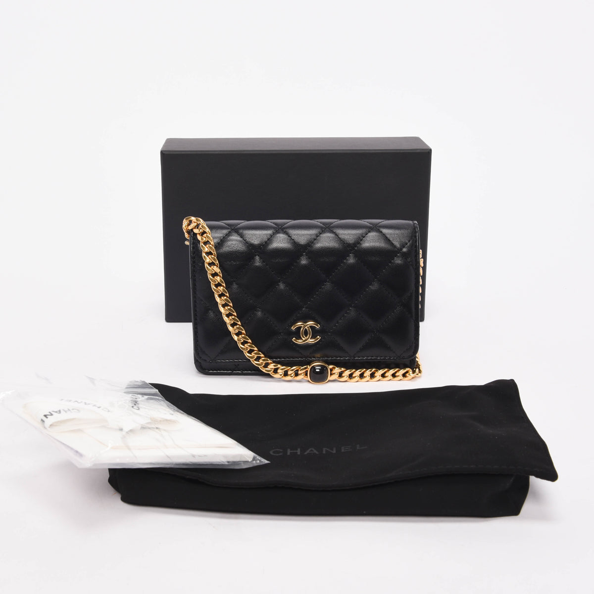 Chanel Black Quilted Lambskin CC Pearl Enamel Wallet on Chain