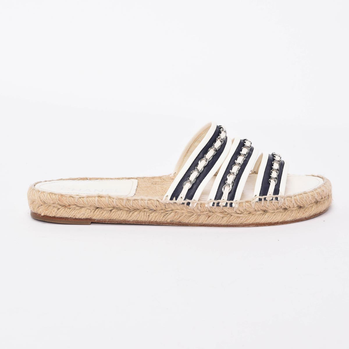 Chanel White & Navy Chain Espadrille Slides 40