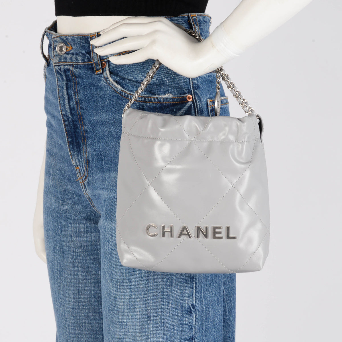 Chanel Light Grey Shiny Calfskin Mini 22 Bag