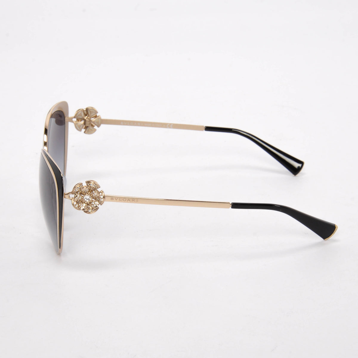 Bulgari Gold & Black Crystal Flower Cat Eye Sunglasses