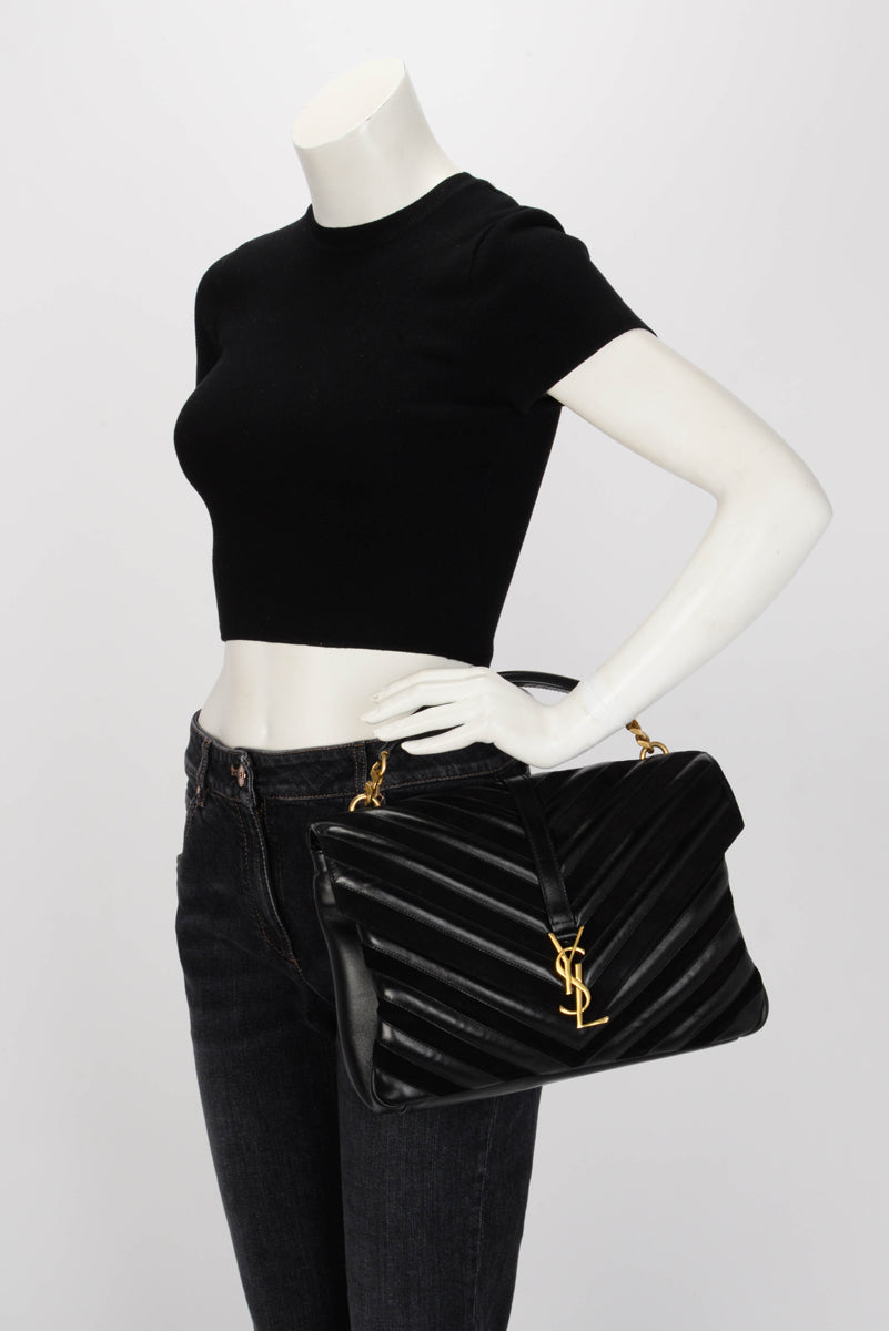 Saint Laurent Black Chevron Calfskin & Suede Large College Bag