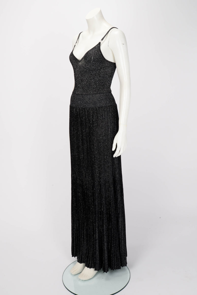 Chanel Gunmetal Glitter Fabric Pleated CC Maxi Dress FR 42