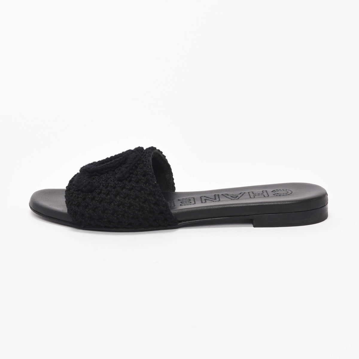 Chanel Black Crochet Knit CC Slides 35