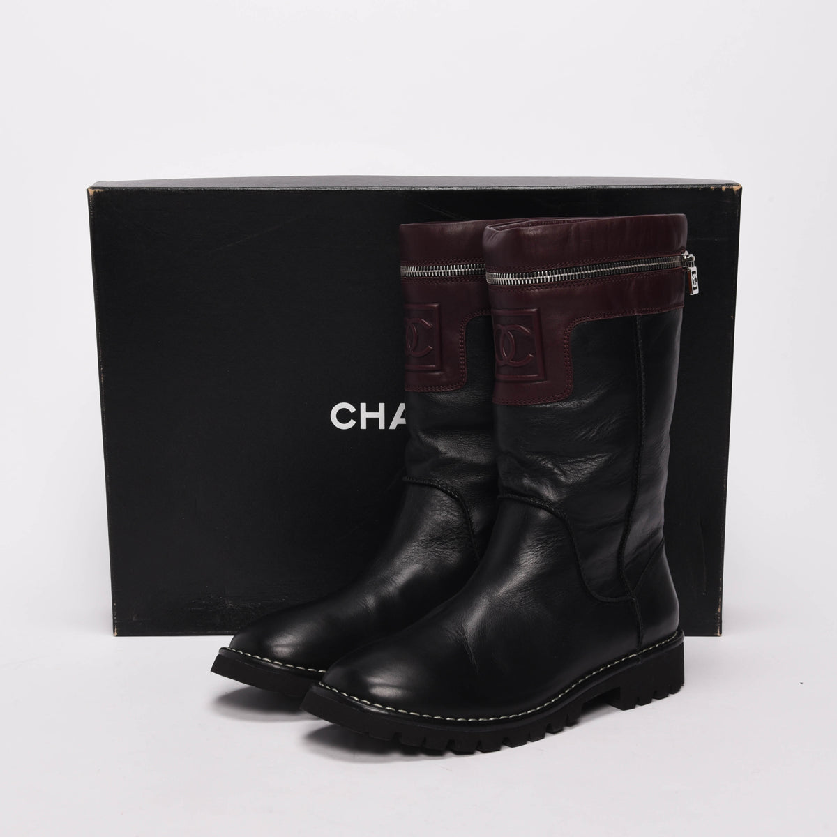 Chanel Black & Burgundy Calfskin Motorcycle Zipper Boots 40
