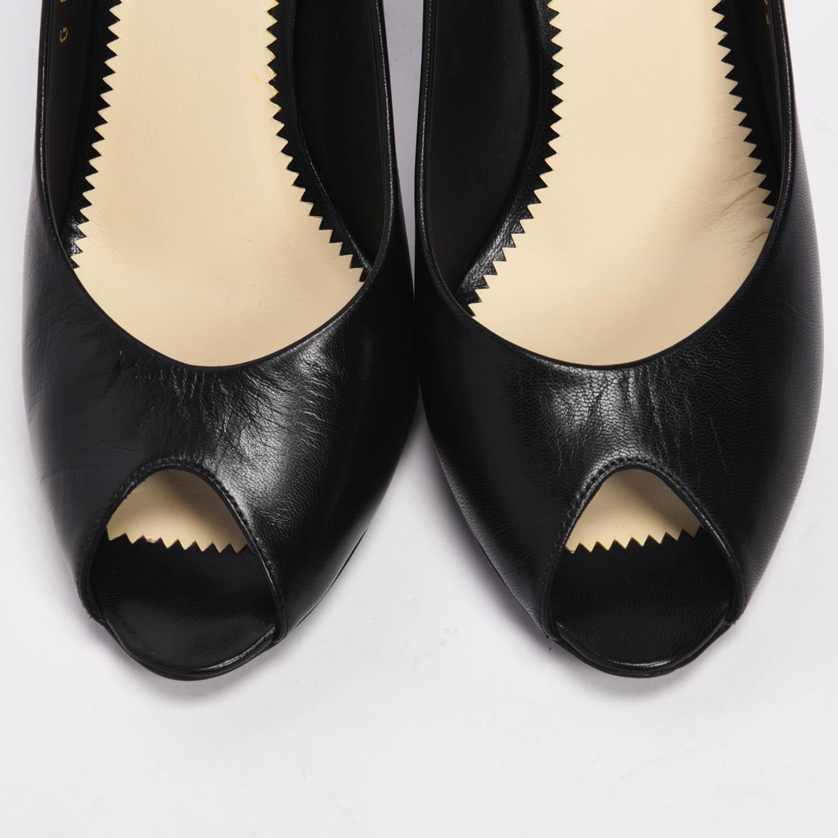 Chanel Black Lambskin Pearl Detail Peep Toe Pumps 37.5