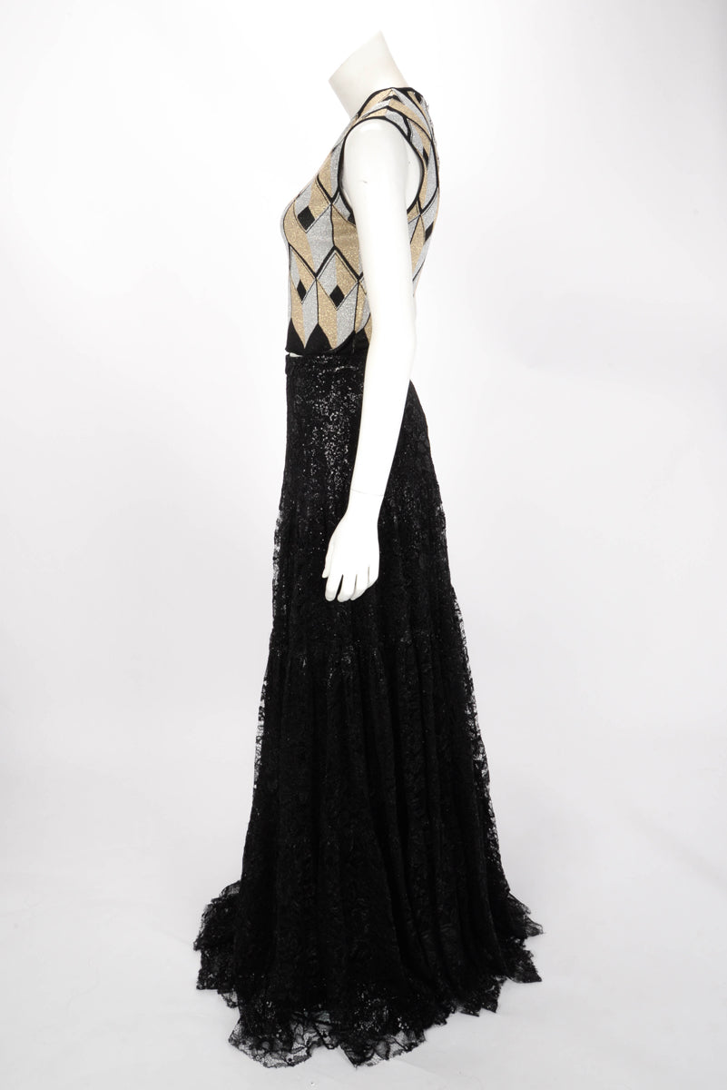 Ralph Lauren Black Sequin & Tiered Lace Sutton Maxi Skirt US 6