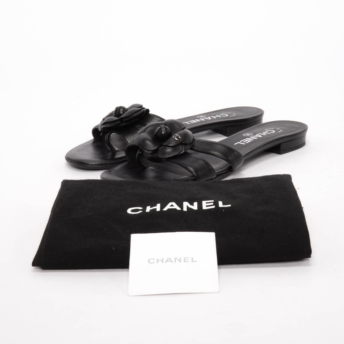 Chanel Black Lambskin Camellia Thong Sandals 38.5