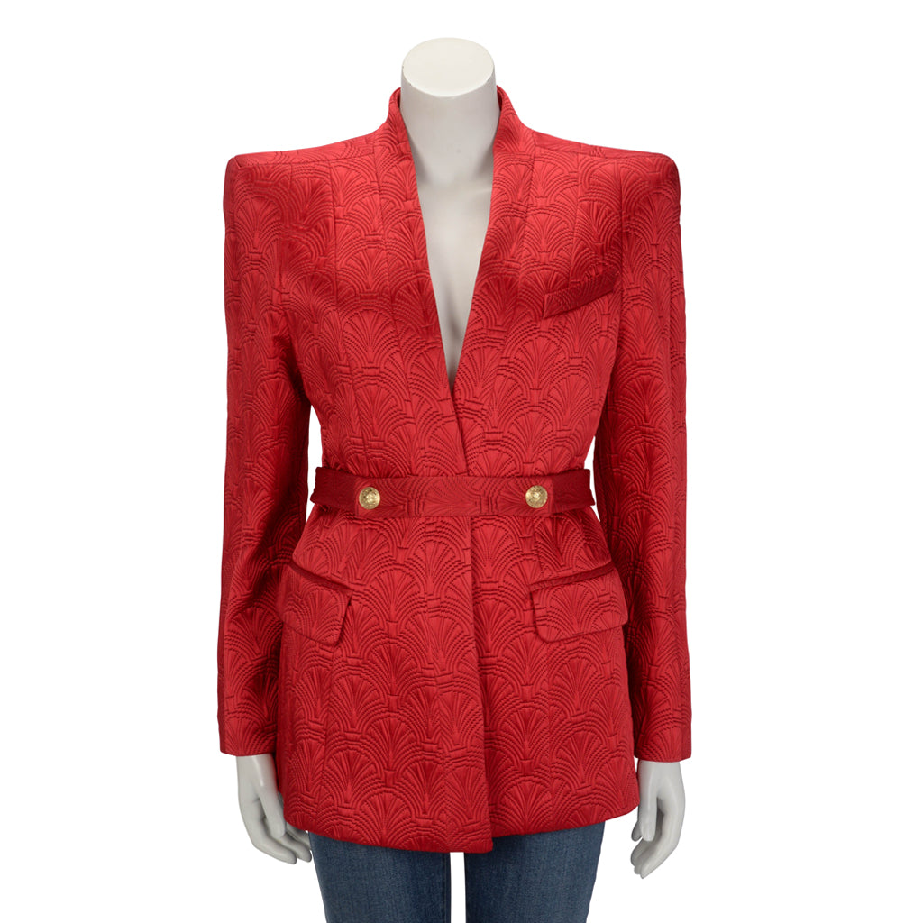 Balmain Red Fan Jacquard Belted Jacket FR 42