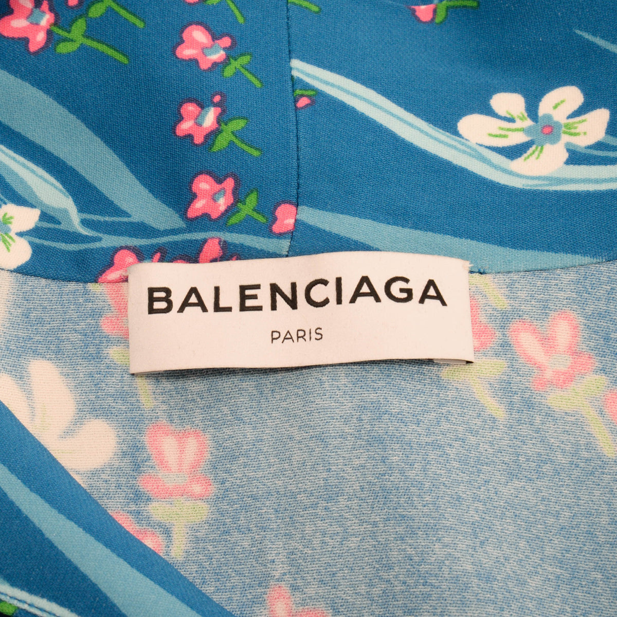 Balenciaga Blue Floral Print Neck Tie Blouse FR 38