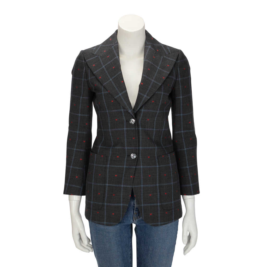 Gucci Grey Wool Check Heart Embroidered Blazer IT 36