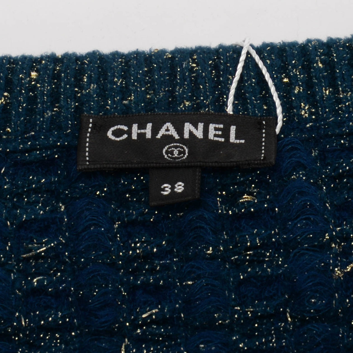Chanel Blue & Gold Lurex Knit Chain Drawstring Sweater FR 38