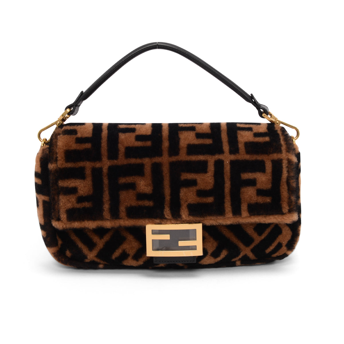 Fendi Brown FF Shearling Baguette Bag
